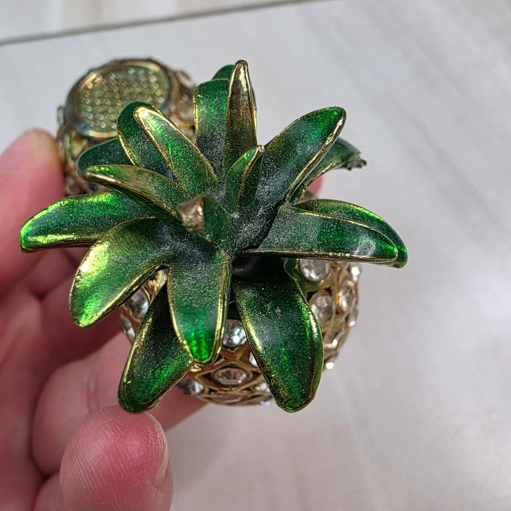 Vintage Pineapple Rhinestone Trinket Box‎ Gold Tone Green Enamel Hinged Jewelry